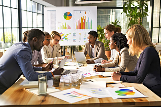 Group of diverse business professionals in a collaborative meeting analyzing corporate growth strategies with financial data and charts in a modern office setting. Concept of International teamwork