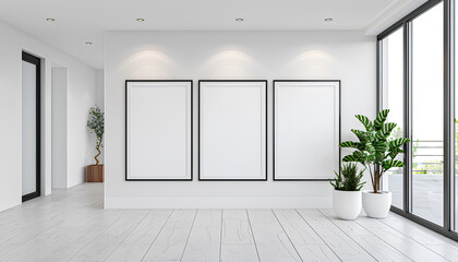 Fototapeta premium White walls, modern hall, there is a picture frame on the wall, the picture frame is white