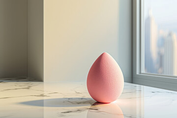 A pink makeup sponge sits on a marble countertop