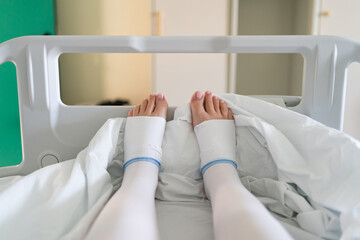 Anti-thrombus stockings worn by a woman in hospital