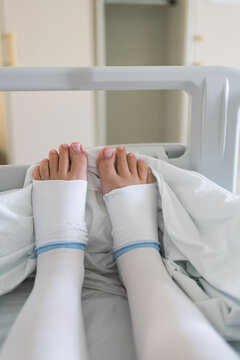 Anti-thrombus stockings worn by a woman in hospital