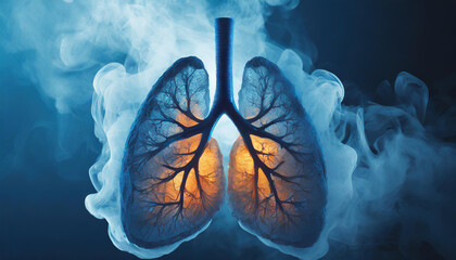 Abstract 3D image of human lungs with smoke. Respiratory system and health concept.