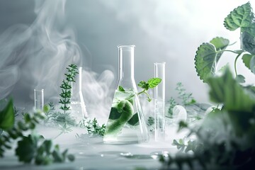 An organic chemical laboratory, with green leaves and plants swirling around it, representing the bio PEOPLE's commitment to ecofriendly science.