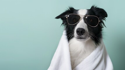 Stylish border collie dog wrapped with a white towel and wearing sunglasses. Isolated on fresh mint green background - obrazy, fototapety, plakaty