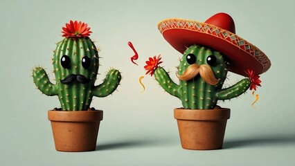 Cactus con bigote animado usando sombrero mexicano, 5 de mayo concepto. - obrazy, fototapety, plakaty