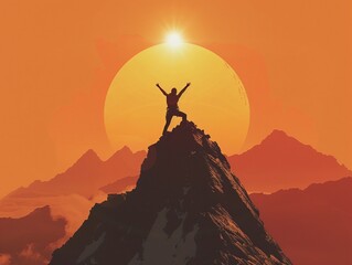 A climber reaching the summit of a daunting mountain peak, arms raised in triumph against the backdrop of a rising sun, representing the achievement and personal growth from facing great challenges.