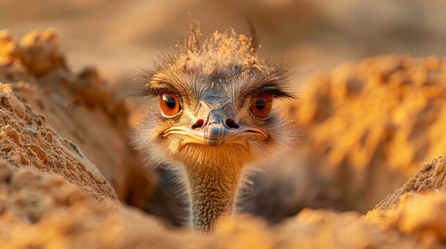 Brave ostrich looking out from sand pit, concept of the opposite use of scared ostrich bird burying head in sand, brave, try, come out of the comfort zone.