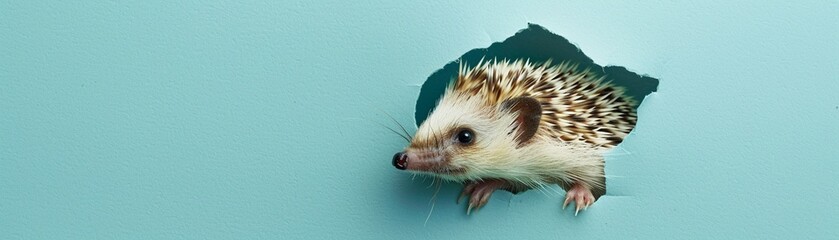 A small hedgehog nosing its way through a hole in a baby blue pastel paper, bristles framed against the gentle color, symbolizing cautious exploration. - obrazy, fototapety, plakaty
