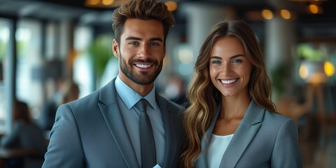 Happy Caucasian businesswoman and businessman in a modern office, smiling, symbolizing successful teamwork and professional togetherness.