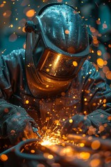 In an industrial setting, steelworkers weld with safety gear, sparks flying in the factory. - 777647387