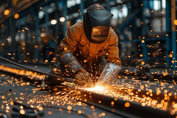 In the industrial factory, welders work with precision, crafting steel amidst sparks and grinding.