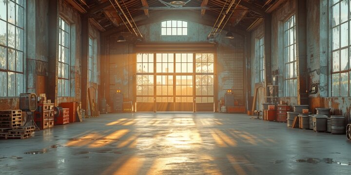 An empty industrial warehouse, featuring old concrete structures and metal walls.