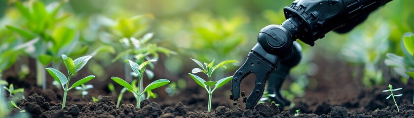 Biodegradable nanotech seed pods being planted by precision robotic arms, showcasing sustainable gardening innovations. - obrazy, fototapety, plakaty