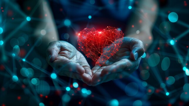 Caring hands present a red heart network, a blend of health data visualization and virtual affection