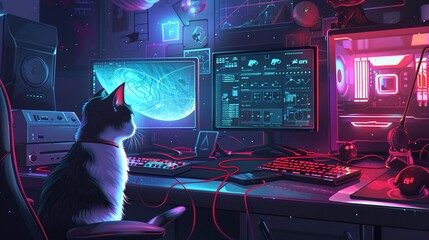 Dynamic illustration of a gaming setup with glowing screens and neon lit peripherals, interwoven with intricate black lines, a mischievous cat playfully tangling in the cords