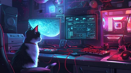 Foto op Plexiglas Dynamic illustration of a gaming setup with glowing screens and neon lit peripherals, interwoven with intricate black lines, a mischievous cat playfully tangling in the cords © Aya Micro