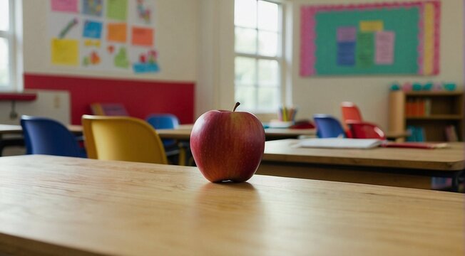 Dia del maestro, concepto de fondo, Manzana sobre el escritorio de un salon de clases