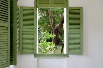Relaxing garden view through the green window