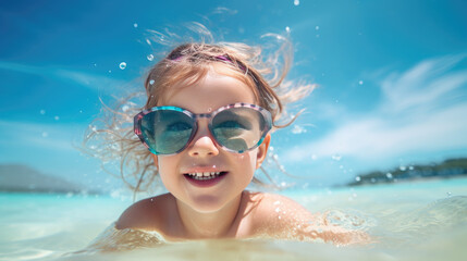 Long range photo of Little girl with sunglasses and inflatable ring in sea on sunny day. Beach holiday, summer. Realistic photo, high detailed - obrazy, fototapety, plakaty