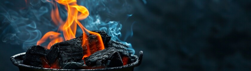Simple icon of a flaming charcoal briquette, essence of grilling captured against a calming solid backdrop. - obrazy, fototapety, plakaty