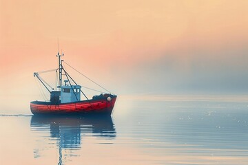 Obraz premium Simple fishing boat outline, evoking peaceful early morning fishing scenes, against a soft pastel shade.