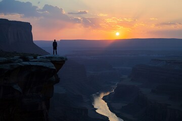 Silhouette of a person standing before a vast canyon, preparing to bridge the gap, embodying determination.