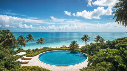 Fototapeta premium Luxurious Villa with Infinity Pool Overlooking Serene Ocean Beach. Luxury panoramic sea view.