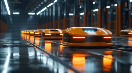 Orange robots gliding across a sleek warehouse floor - obrazy, fototapety, plakaty