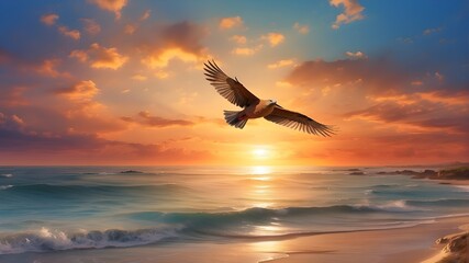 The Holy Spirit. Lovely seaside sunset with a soaring bird