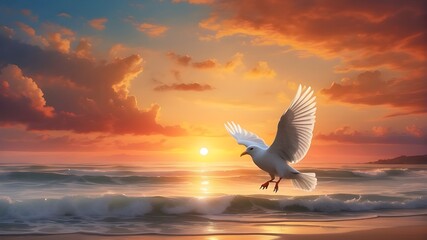 Fototapeta na wymiar The Holy Spirit. Lovely seaside sunset with a soaring bird