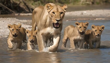 A-Lioness-And-Her-Cubs-Crossing-A-River- - obrazy, fototapety, plakaty