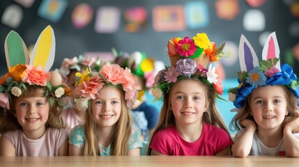 happy girls with flower crowns are smiling at a table adorned with Easter eggs, sharing in the joy of a fun arts and crafts event AIG42E