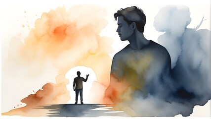 Man worshipping in silhouette on a white background. watercolor painting