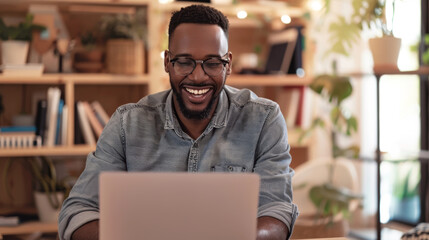 A smiling man working on a laptop at a home office desk.