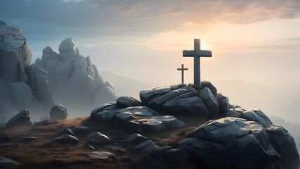 On the rock, make a cross. Cross in a chilly, misty morning with a pleasant glow - obrazy, fototapety, plakaty