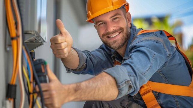 A Male electrician giving a thumbs up Air conditioner repairman working from home