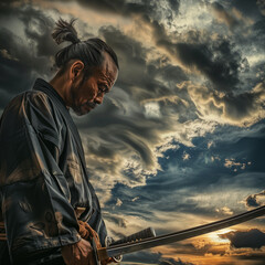 A samurai with a katana sword with a manly, distant face after a bloody battle