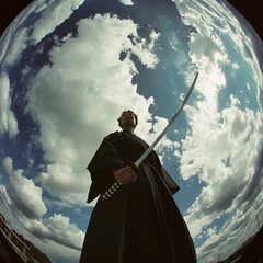 Fototapeta premium A samurai with a katana sword with a manly, distant face after a bloody battle