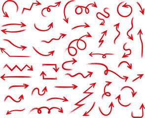 Set of simple hand drawn  arrows . Set vector hand drawn arrows mark icons . Red simple pointer arrows collection . Simple dotted arrow collection. Vector hand drawn arrow mark vector 