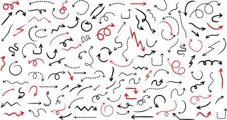 Set of simple hand drawn  arrows . Set vector hand drawn arrows mark icons . Black and red simple pointer arrows collection .Black simple dotted arrow collection. Vector hand drawn arrow mark vector 