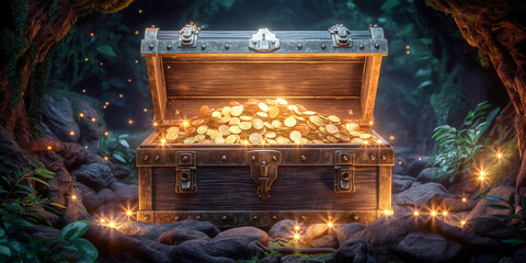 Open chest with gold coins. Treasure found in a cave. Jewel find - obrazy, fototapety, plakaty