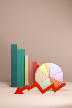 3D financial performance bar and pie charts, arrows results  - decline