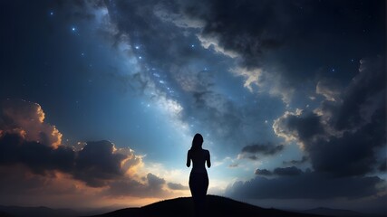 silhouette of a woman in prayer set against a gorgeous cloudscape and starry night sky. Worship