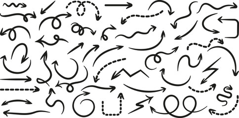 Set of simple hand drawn  arrows . Set vector hand drawn arrows mark icons . Black simple pointer arrows collection .Black simple dotted arrow collection. Vector hand drawn arrow mark vector 