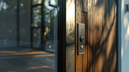 Modern home entrance with wooden door and sleek metal handle in sunlight.