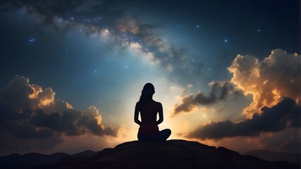 silhouette of a woman in prayer set against a gorgeous cloudscape and starry night sky. Worship - obrazy, fototapety, plakaty