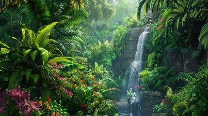 A lush tropical rainforest view, with dense vegetation, vibrant flowers, and a cascading waterfall...