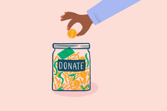 Donation jar with money, minimal illustration
