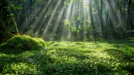 Fototapeta na wymiar A lush forest background with rays of sunshine piercing through the canopy, creating a natural spotlight on a bed of soft, green moss. 