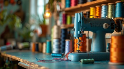 Creative space with sewing machine and colorful threads